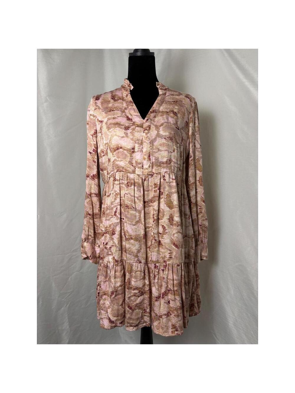 Anthropologie Maeve Pink Tan Abstract Snake Print Ruffle Tiered Babydoll Dress